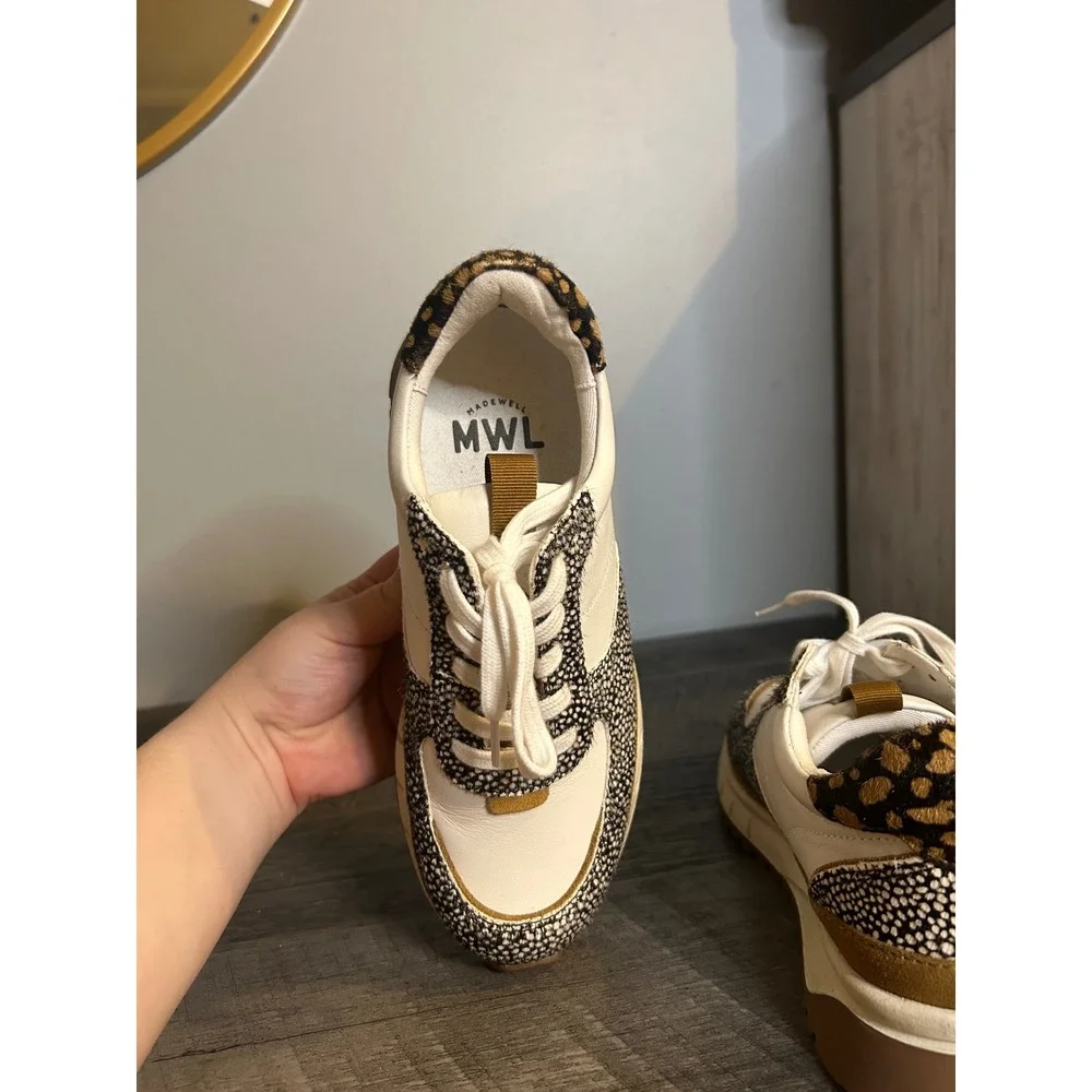 Madewell MWL Court Sneakers Animal Print Calf Hair White Leather Womens 5.5